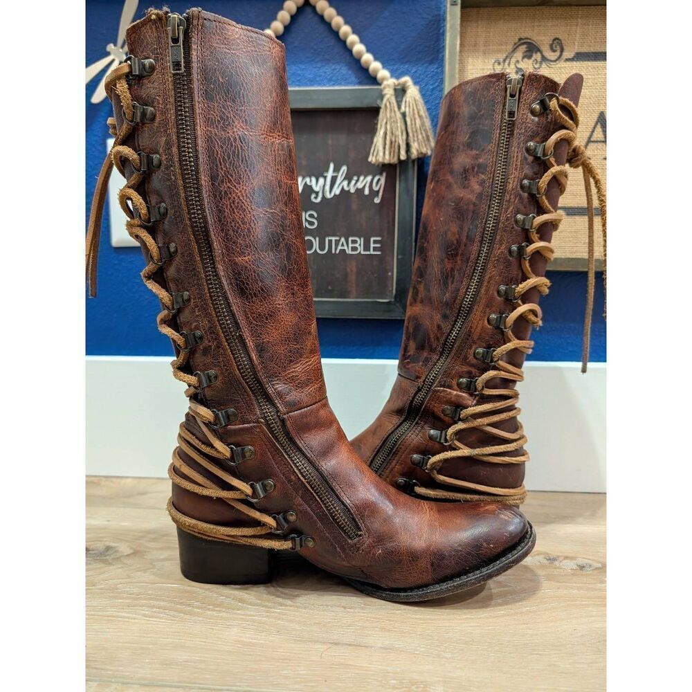 Freebird by Steven Reese Cognac Lace Up Tall Riding Boot Women's 9 Leather - Picture 7 of 15